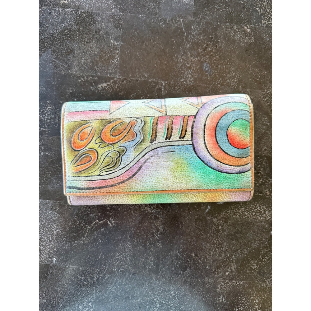 Anuschka Hand Painted Signed Leather Tri Fold Geometric Wallet Artsy Eclectic
